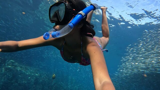 Snorkeling woman in mask with snorkel diving in clear blue ocean water with variety of fish. Exploring and enjoying underwater with snorkel, diving mask. Swimming snorkeling, adventure in vacation.