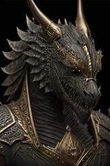 Black dragon in black armor with gold ornamets, super detailed fantasy character front view on black background nft style fictional being or creature