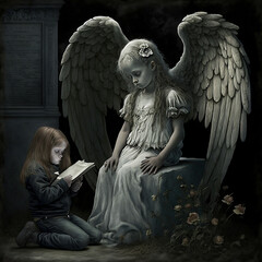 Little girl read a letter to an angel, generated with A.I