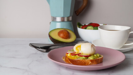 Tasty sandwich with boiled egg and radish served on white marble table, space for text