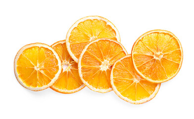 Delicious dry orange slices on white background, top view