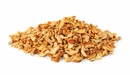 Pile of dried orange zest seasoning isolated on white
