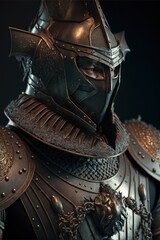 Medieval warrior covered in ornated and detailed metal armor isolated in a dark scene front view dramatic portrait