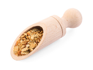 Scoop with dried orange zest seasoning isolated on white