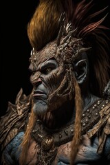 Obraz na płótnie Canvas Troll in tribal ornated armor, traditional fantasy warrior with battle horns in a portrait on dark background