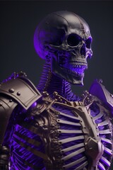 Skeleton in dark armor with cursed purple energy, menacing skull with visible bones portrait in dark room fantasy scenario