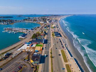 Nantasket Beach, Weir River and Hingham Bay aeral view with fall foliage in town of Hull,...