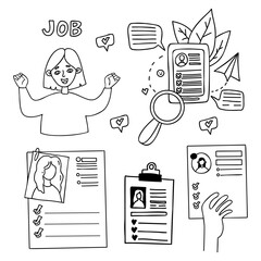Business and job. Happy joyful girl. Reviewing resumes, questionnaires. Hand holds document of female applicant for vacancy. Collection vector outline drawing. isolated doodle for business design.