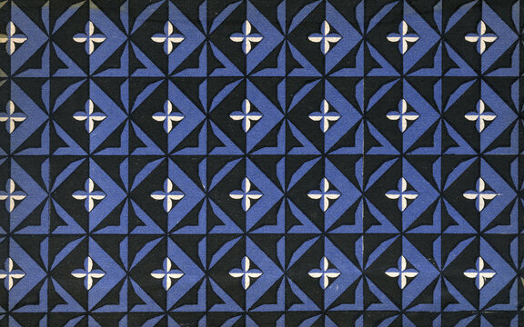 Used antique cubistic tapestry with geometric shapes and stylized four-leaf clovers