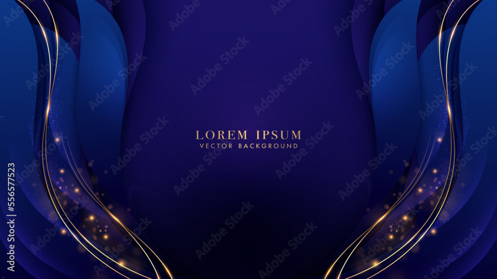 Wall mural luxury gold line with blue curve, shiny dots effect and bokeh decoration. elegant style vector desig