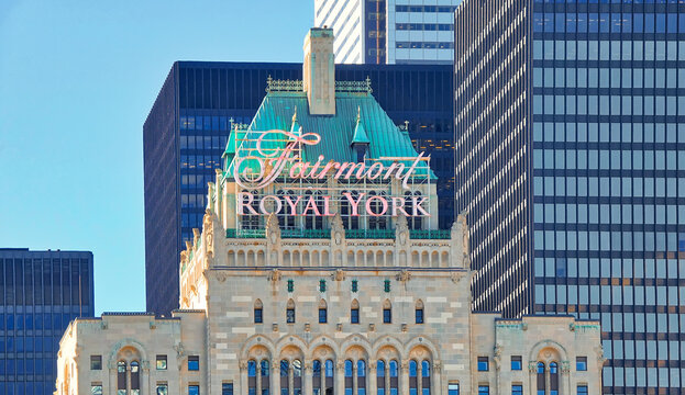 Toronto, Canada -June 16: Famous Landmark Fairmont Royal York Hotel in Toronto facing Ontario Lake harbor