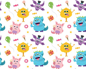 Obraz premium Monsters seamless pattern. Repeating design element for printing on fabric. Multicolored fictional characters, demon and orc. Imagination and fantasy, holiday. Cartoon flat vector illustration