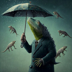 Iguana in an iguana storm under an umbrella. Iguana freeze warning.