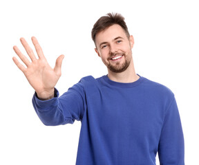 Fototapeta premium Man giving high five on white background