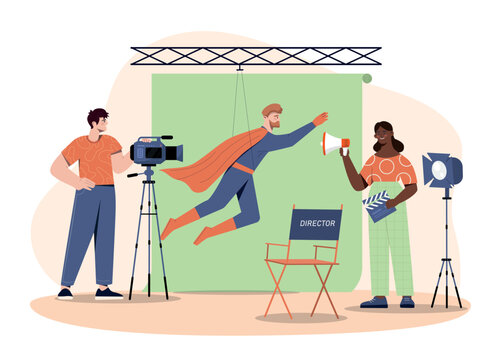 Movie production concept. Men and women in film studio, creative personalities, creativity and art. man in superman costume. Fantasy and imagination. Poster or banner. Cartoon flat vector illustration