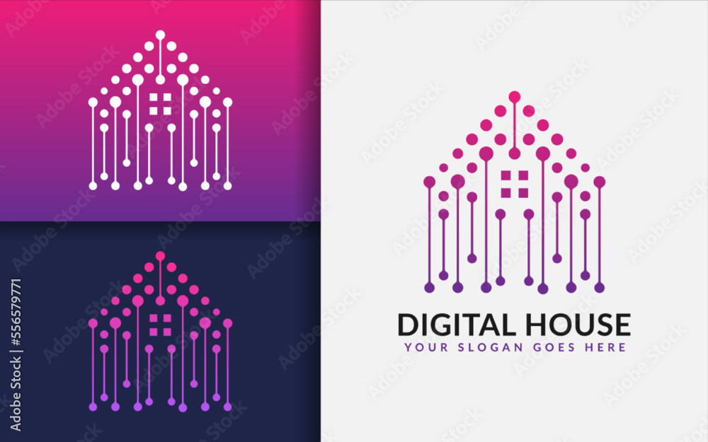 Poster digital house logo design with tech dot combination concept.