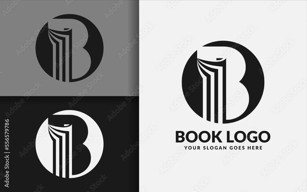 Poster Abstract Initial Letter B and Book Logo Design with Black Circle Frame Combination Concept.