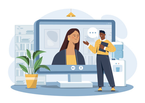 Online job interview. Man communicates with woman on computer screen. Modern technologies and digital world, business interaction, remote employee or freelancer. Cartoon flat vector illustration