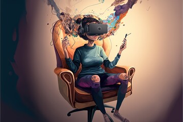 girl sitting on an armchair wearing a virtual reality headset generative ai
