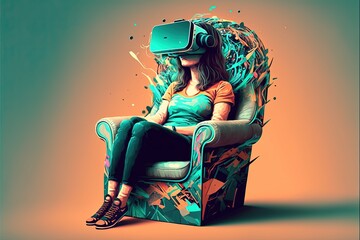 girl sitting on an armchair wearing a virtual reality headset generative ai