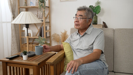 Dreamy satisfied mature asian man relaxing on couch at home. old male sitting on cozy sofa enjoy coffee in mug in bright living room. middle aged guy resting and drinking cup of tea in apartment.