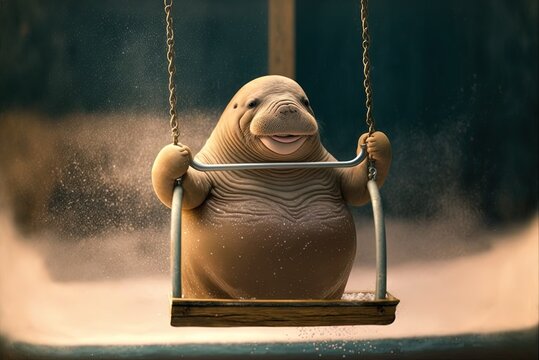 A jovial walrus may be seen playing and swinging on the swing. Generative AI