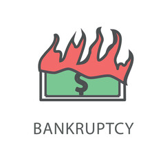 Bankruptcy line icon. Burning dollar, entrepreneurs and businessmen have financial problems. Logotype for company or organization, branding. UI and UX design. Cartoon flat vector illustration