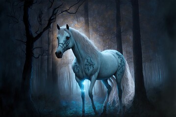 Obraz na płótnie Canvas A spectral horse's radiance floats through the night woodland. Generative AI