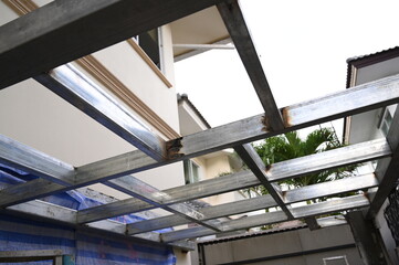 roof built from gray metal steel, construction industry