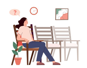 Concept of expectation. Young girl sits on chair and looks at clock and picture. Patient at appointment with specialist or doctor. Poster or banner for website. Cartoon flat vector illustration