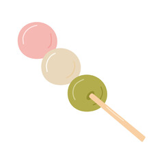 small pieces of mochi on wooden sticks in caramel dango syrup