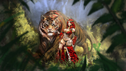 A girl trainer in a red dress is standing with a tiger in the forest, she has a lot of golden ornaments on her. Digital drawing style, 2D illustration © Kalleeck