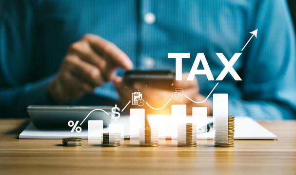 Tax Deduction Planning And Pay Taxes Online Concept. Expenses, Account, VAT, Income Tax, And Property Tax, Pay Tax. Net Income, Plans To Allocate Money For Expenses, Allowances And Donations.