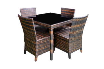 Rattan dining table set with black glass on top