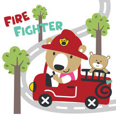 Vector illustration of funny bear firefighter on fire truck. Creative vector childish background for fabric, textile, nursery wallpaper, card, poster and other decoration