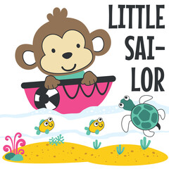 Cute monkey sailor on the boat. Can be used for t-shirt print, kids wear fashion design, baby shower invitation card. fabric, textile, nursery wallpaper, poster.