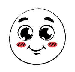 Hand drawn happy emoticon. Character looks with big eyes and cutely embarrassed, shy and joyful. Poster or banner for website, graphic element for printing on fabric. Cartoon flat vector illustration