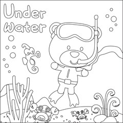 Cute bear in snorkel mask diving in the sea isolated on white background illustration vector. Childish design for kids activity colouring book or page.