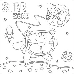 Vector illustration of cute cartoon astronauts little tiger in space, Childish design for kids activity colouring book or page.