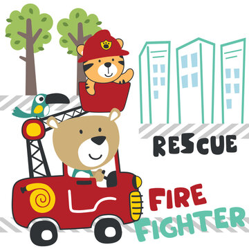 Vector illustration of funny bear firefighter on fire truck. Creative vector childish background for fabric, textile, nursery wallpaper, card, poster and other decoration