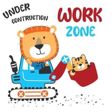 Cute little lion on excavator. Can be used for t-shirt print, kids wear fashion design, print for t-shirts, baby clothes, poster. and other decoration.