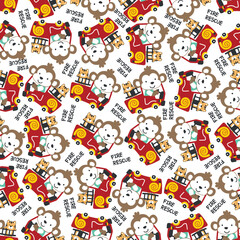 Seamless pattern of fire fighter car with monkey fire fighter animal cartoon. Creative vector childish background for fabric, textile, nursery wallpaper, card, poster and other decoration.