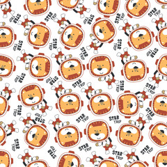 Fototapeta premium Vector illustration of cute cartoon astronauts little lion in space, Can be used for t-shirt print, Creative vector childish background for fabric textile, nursery wallpaper and other decoration.