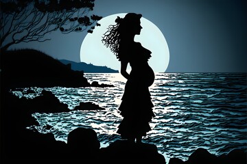 High quality illustration about pregnancy and motherhood. A beautiful and serene pregnant woman, by the sea, watching the sunset and caressing her belly.