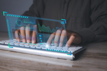 Business analysis, Analyst working Data Management System on virtual screen.