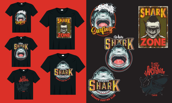 Vintage shark t-shirt bundle, Shark T-shirt surf print design vector illustration.