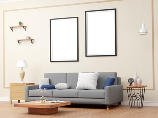 Fototapeta na wymiar Two large portrait dark picture, photo frames png mockup on wall. sofa and stand with vases, lamp, and decor