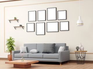 Eight dark multi-layout picture, photo frames png mockup on wall on top of sofa and stand with vases, lamp, cushions and decor