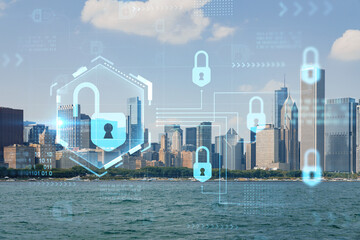 City view of Downtown skyscrapers of Chicago skyline panorama over Lake Michigan, harbor area, day time, Illinois, USA. The concept of cyber security to protect companies confidential information