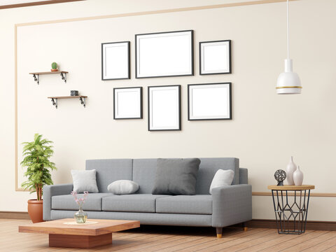 Six dark multi-layout picture, photo frames png mockup on wall in living room with couch, stand with vases, lamp, cushions and decors